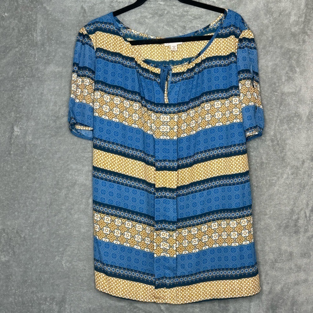 Dressbarn 3X Shirt Top Blue Gold Striped Short Sleeve Scoop Neck Keyhole Sheer